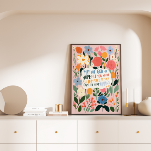 A beautiful reminder of Romans 15:13 that would brighten up any space!