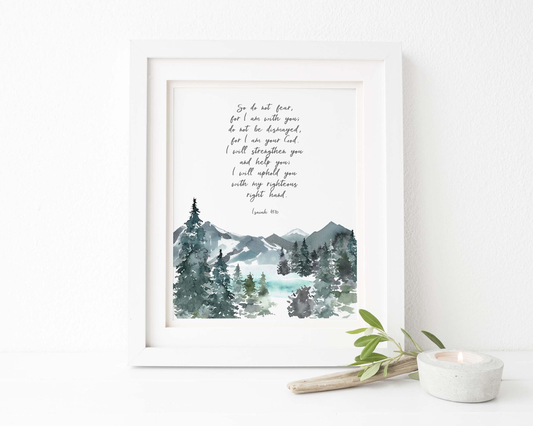 printed mountain Bible verse art print with soft watercolours and a peaceful design.