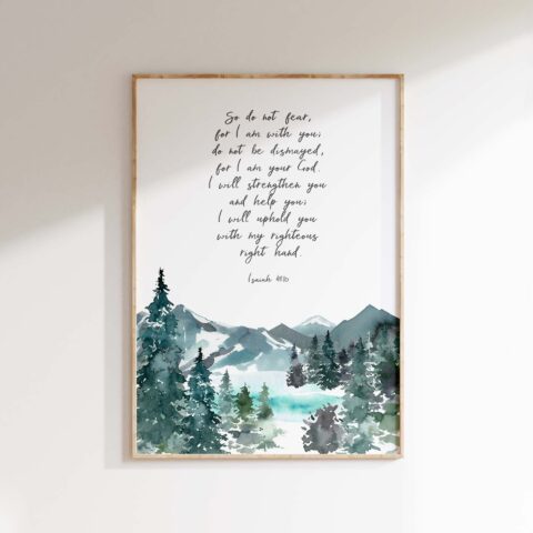 Christian wall art featuring a mountain scene and the verse Isaiah 41:10 for strength and faith.