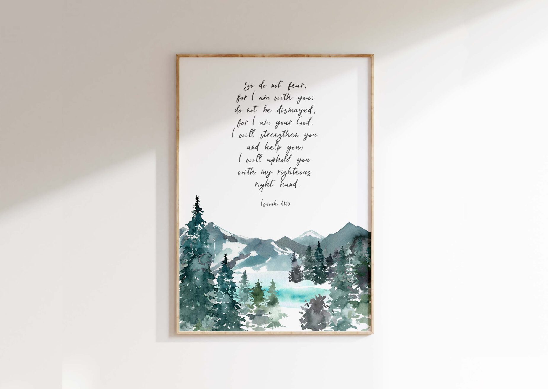 Christian wall art featuring a mountain scene and the verse Isaiah 41:10 for strength and faith.