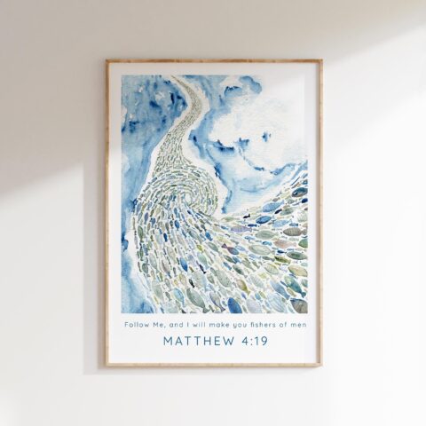 A contemporary Christian art print featuring "Follow Me, and I will make you fishers of men."