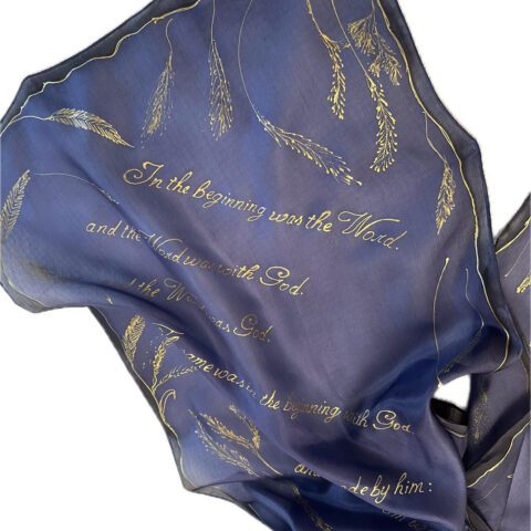 Hand-Painted Christian Blue Long Silk Scarf, John 1:1-14 , Religious Gift, Christmas.
