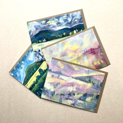 Bundle of 4 Colourful Greeting cards, contemporary landscape paintings, blank inside, bible verse on reverse