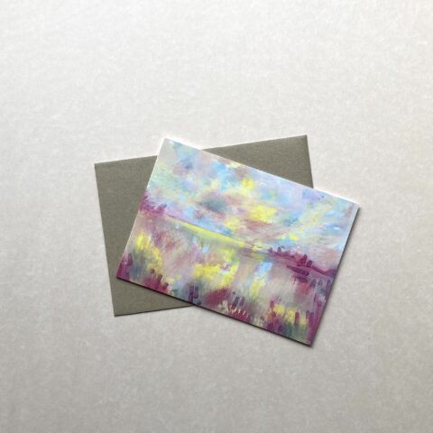 7 in x 5 in Greeting card, yellow pink blue abstract sunrise landscape, any occasion card, art card, blank inside, bible verse reverse