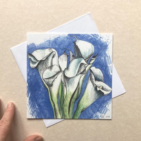 6 x6 in Greeting card - Lilies watercolour & pen