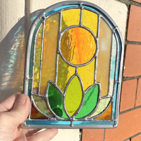 Stained Glass Sun And Lotus Flower Leaded Panel