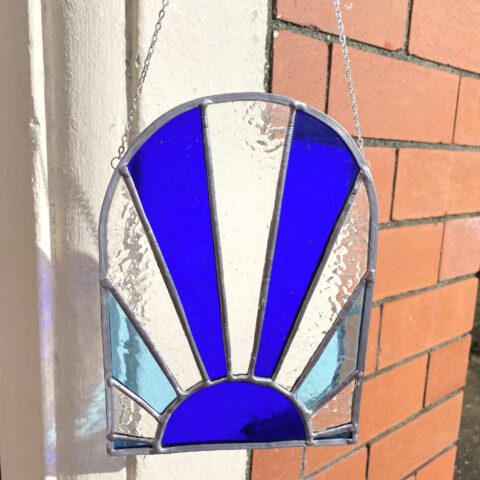 Stained Glass Blue Sunrise Arched Leaded Panel - Stained Glass Art