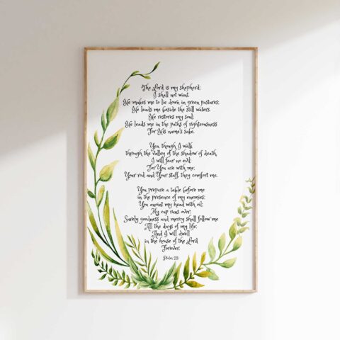 Elegant Christian wall art featuring Psalm 23, framed by soft green foliage for a calming effect.