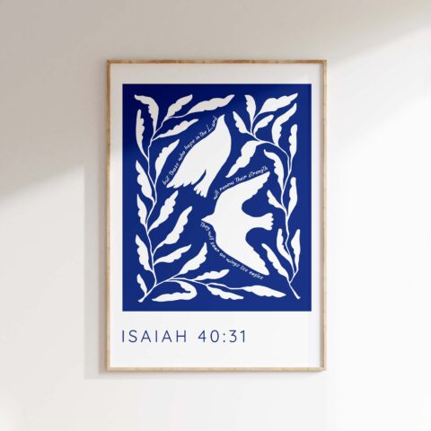 A minimalist Bible verse print featuring white birds flying against a blue background.