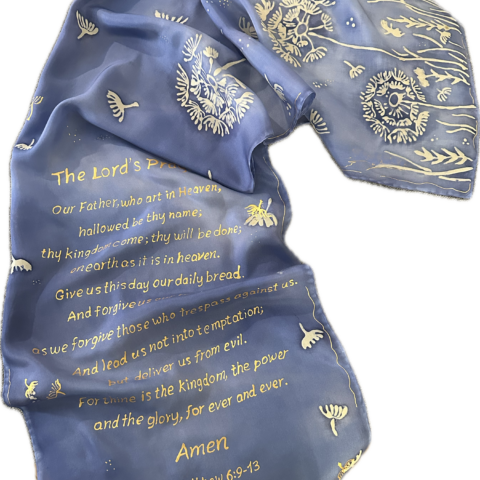 Hand-Painted Christian Blue Silk Scarf, The Lord's Prayer Gift For Friend, Wife, Christmas