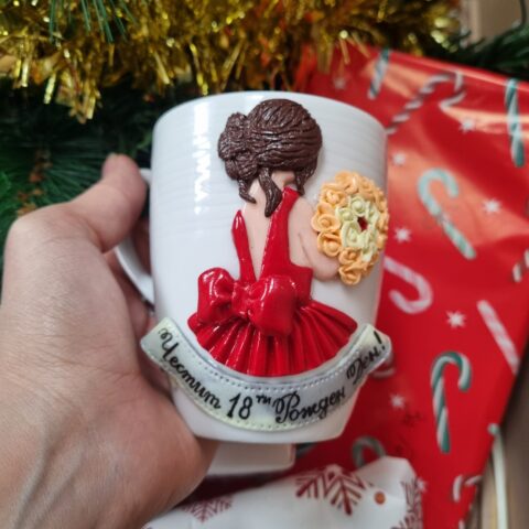 Personalised mug with polymer clay decoration