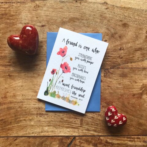 Bible verse card for a friend. 'A sweet friendship refreshes the soul.' Proverbs 27:9.