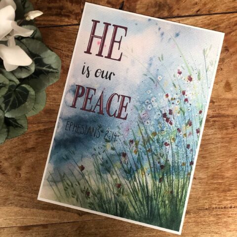 Watercolour flower meadow print with encouraging hand-lettered bible verse. He is our peace, Ephesians 2:14. Pastoral gift. Christian gift.