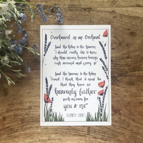Overheard in an orchard, beautiful print of the poem by Elizabeth Cheney.
