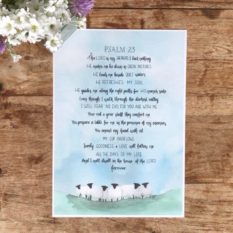 Psalm 23, hand-lettered bible verse print, ‘The Lord is my shepherd...’