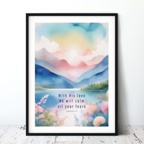 With His Love He Will Calm All Your Fears Dreamy Digital Faith Art - Zephaniah 3:17