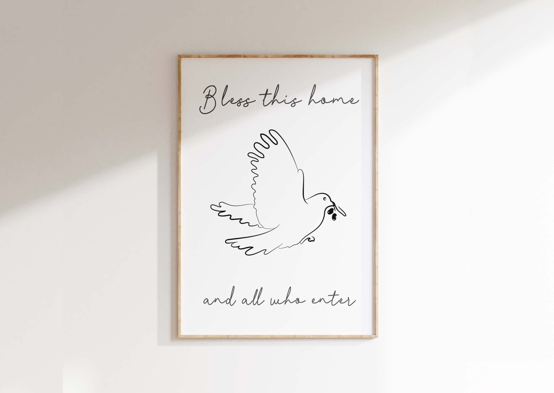 Christian housewarming gift print with a peaceful dove illustration and home blessing quote.