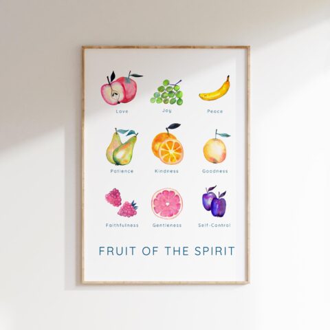 Colourful Christian wall art print featuring the Fruit of the Spirit with playful fruit illustrations.