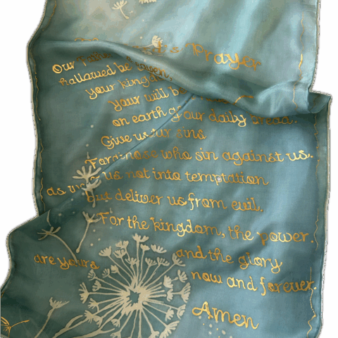 Hand-Painted Christian Teal/Green Silk Scarf, The Lord's Prayer. Gift for Her. Christmas, wife