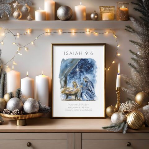 Christian Christmas wall art showing Mary, Joseph, and baby Jesus with a Scripture quote.