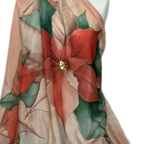 Poinsettia Christmas Hand Painted flowers on Coral Pink Champagne Background Square Women Silk Scarf Gift for Her, Mum