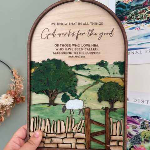 Romans 8:28 wooden landscape christian verse sign
