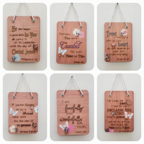 Wooden plaque with biblical verse collage