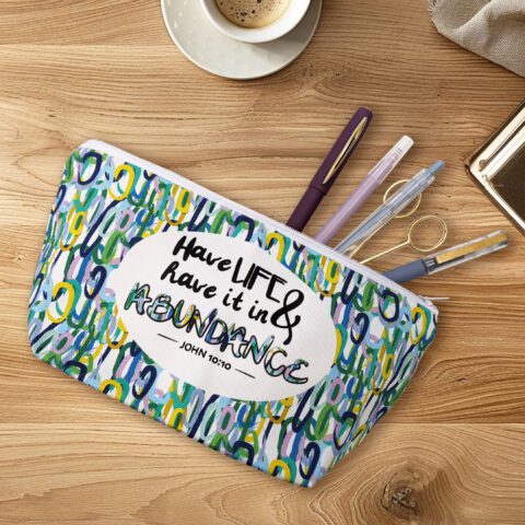 Life in Abundance John 10:10 | Cotton Washbag, Makeup Bag, Pencil Case, Accessories | Christian Gifts Bible Verse
