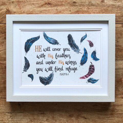 Bible verse print, He will cover you with His wings, Psalm 91:4