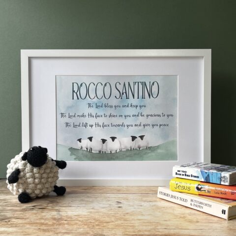 Personalised bible verse print with child’s name. Personalised nursery print with hand-lettered Bible verse and child’s name, illustrated with a friendly flock of watercolour sheep.