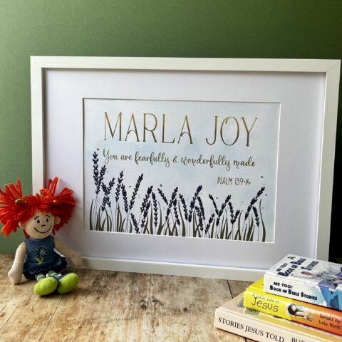 Beautiful personalised bible verse print for nursery or child’s bedroom. Personalised nursery print with hand-lettered Bible verse and child’s name, illustrated with delicately painted lavender flowers.