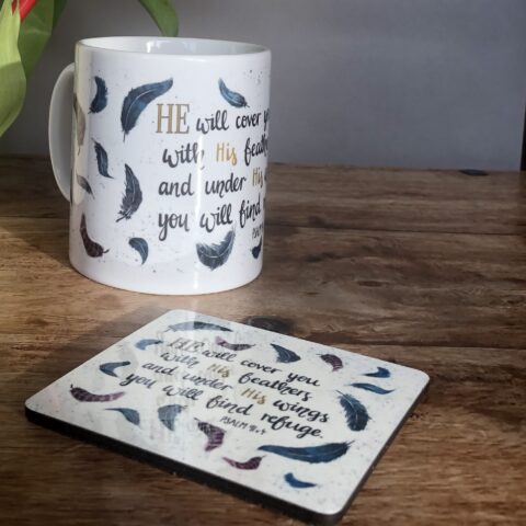 Bible verse mug, Psalm 91:4; ‘He will cover you with His feathers and under His wings you will find refuge.’