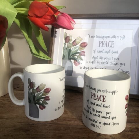Bible verse mug featuring Jesus’ beautiful promise from John 14:27, His gift of peace.