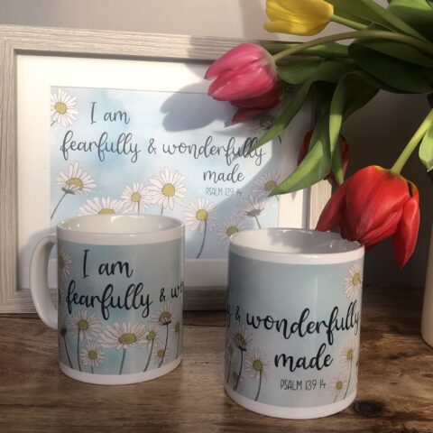 Bible verse mug, featuring the wonderful reminder from Psalm 139:14 ‘I am fearfully and wonderfully made.’
