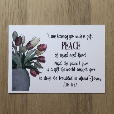 Hand-lettered Bible verse print, Jesus’ promise of His gift of peace, John 14:27.