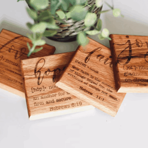 Engraved Oak Bible Verse Definition Coaster Set