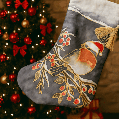 Robin / Light Navy Blue Christmas Stocking | Silk Painting Kit. | Outline in Gutta | Make Your Own Stocking. Pre-Order