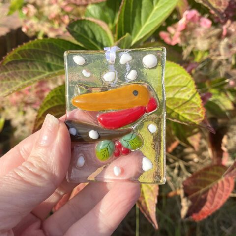 Fused Glass Christmas Tree Robin Decoration - Handmade Glass Bauble