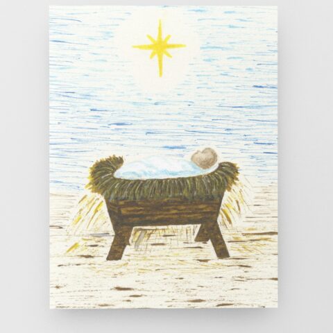 15x15 cm Baby Jesus in a Manger with Glowing Star Above - Prophetic Greeting Christmas Card From Original Drawing with ink