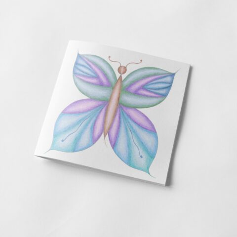 15x15 cm Geometric Blue Purple Green Butterfly Prophetic Greeting Card From Original Pencil Drawing on Paper Carries Message of Freedom, Resurrection and New Life