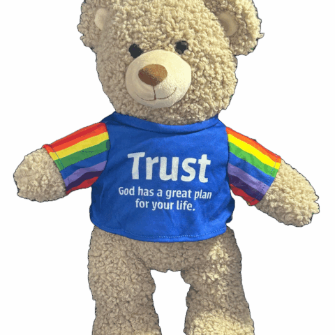 Image of Trust Bear wearing a blue T-shirt