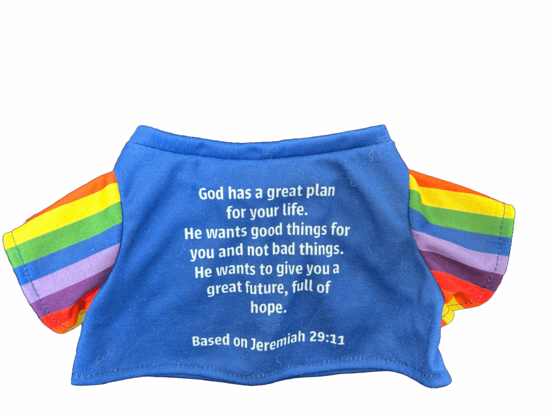 Image of the back of Trust Bear's blue T-shirt with verse based on Jeremiah 29:11