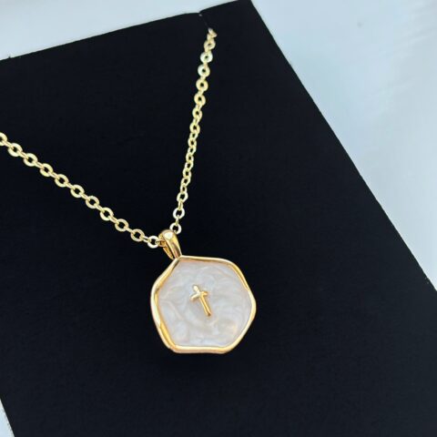 Dainty Gold Enamel Cross chain: Pearl faith necklace with pendant. Christian gift