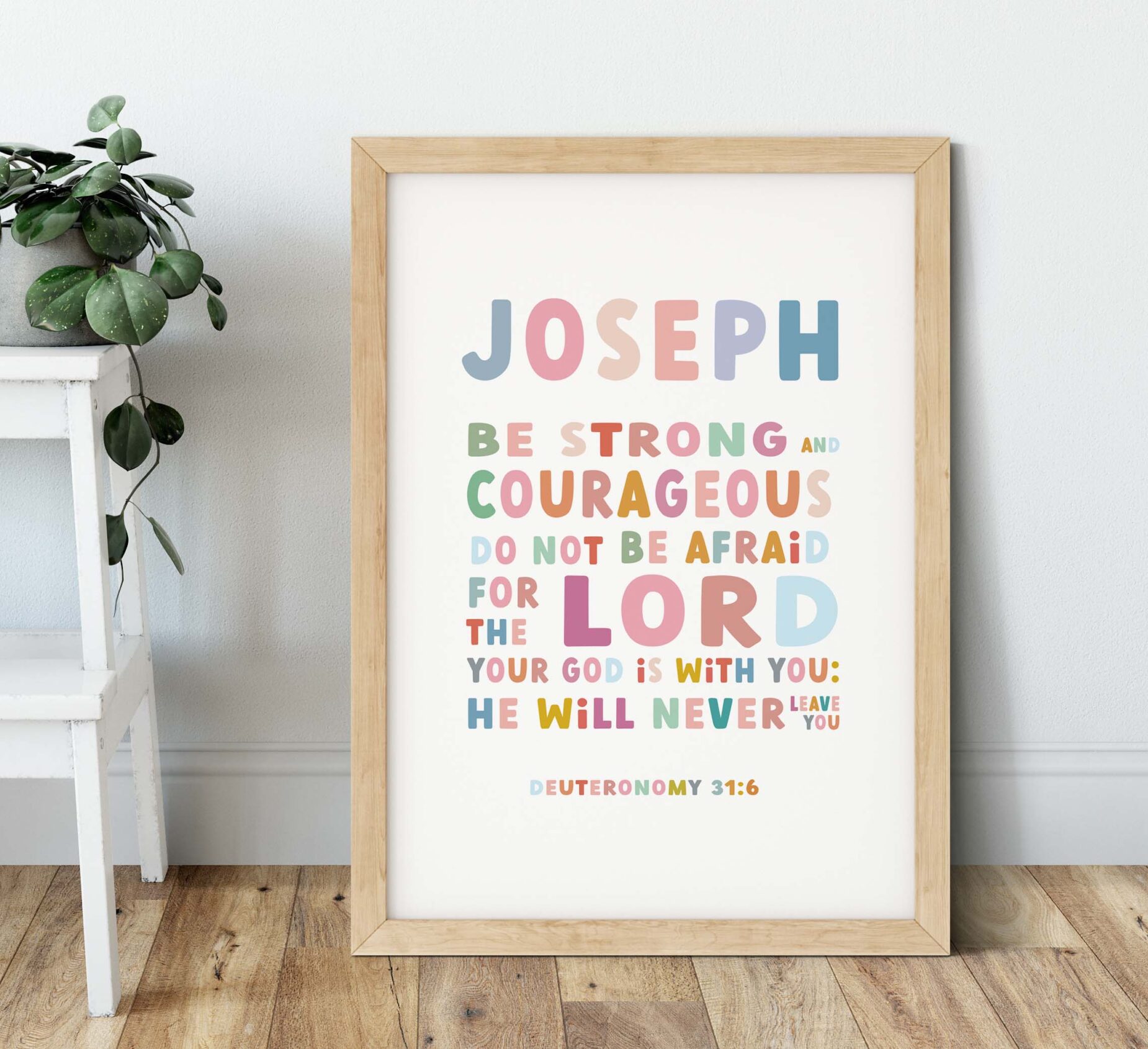 Personalised Christian Kids Bible Verse Print - Be Strong And Courageous Colourful Art Print - Deuteronomy 31:6 - Kids Nursery Poster