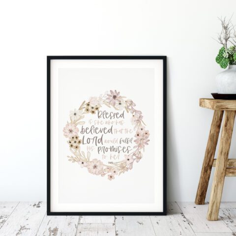 Blessed Is She Floral Boho Christian Wall Art Print - Luke 1:45