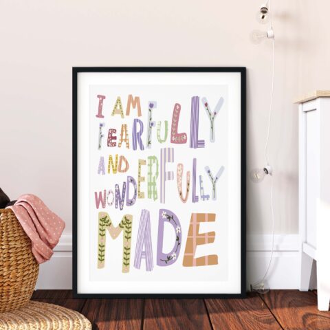 Bible Verse I Am Fearfully And Wonderfully Made Colourful Pink Kids Wall Art - Psalm 139:14