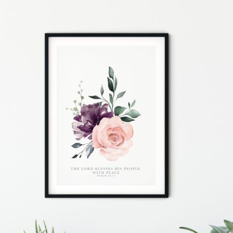 Christian Faith Bible Verse Inspiring Print - The Lord Blesses His People With Peace Pink Christian Floral Faith Art Print - Psalm 29:11