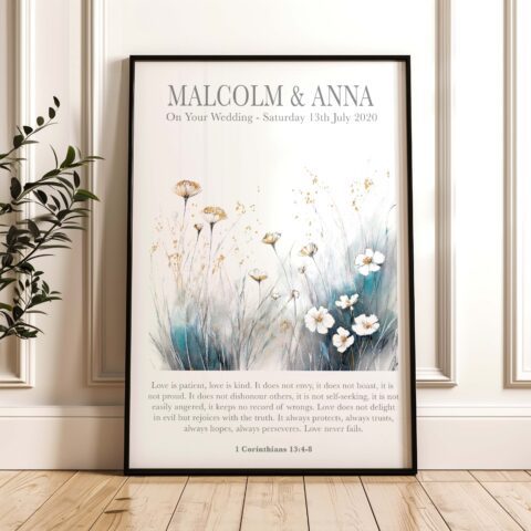 Personalised Christian Wedding Love Is Patient Blue Daisy Floral Print - 1 Corinthians 13:4-8