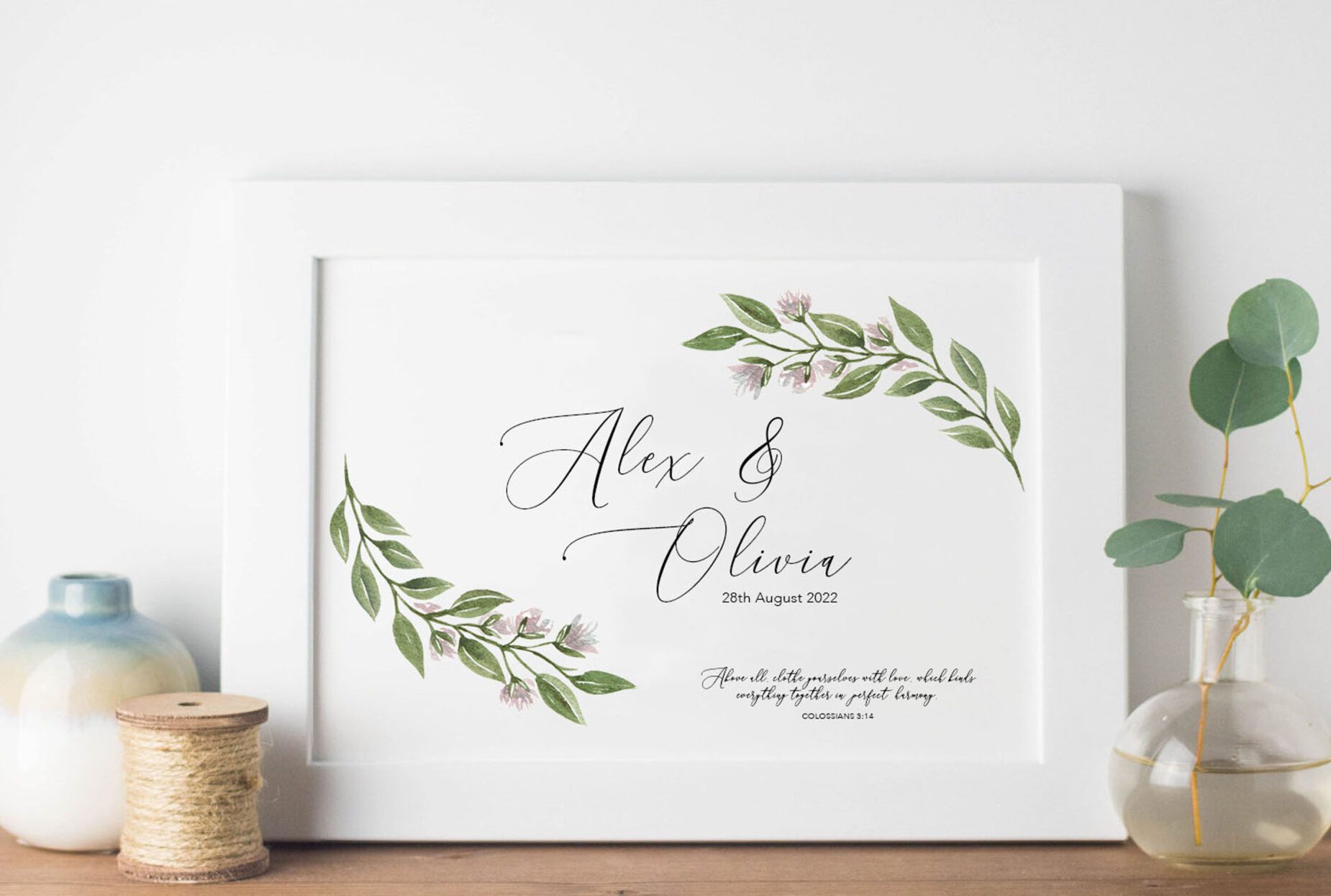Personalised Floral Wedding Art Print – Colossians 3:14 - Image 2
